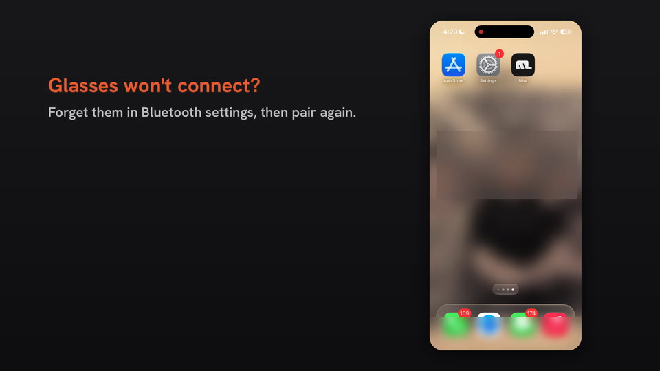 Forget Mira Glasses in Bluetooth settings, then set up again.